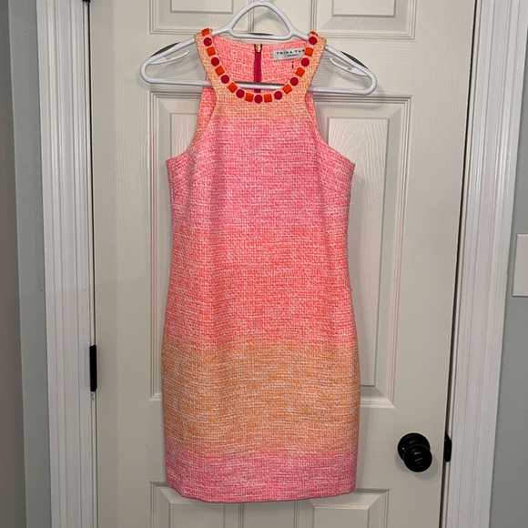 Trina Turk Aptos 2 Pink‎ Orange Ombré Tweed Dress Sz 0 Cocktail Jeweled Halter - Picture 1 of 11